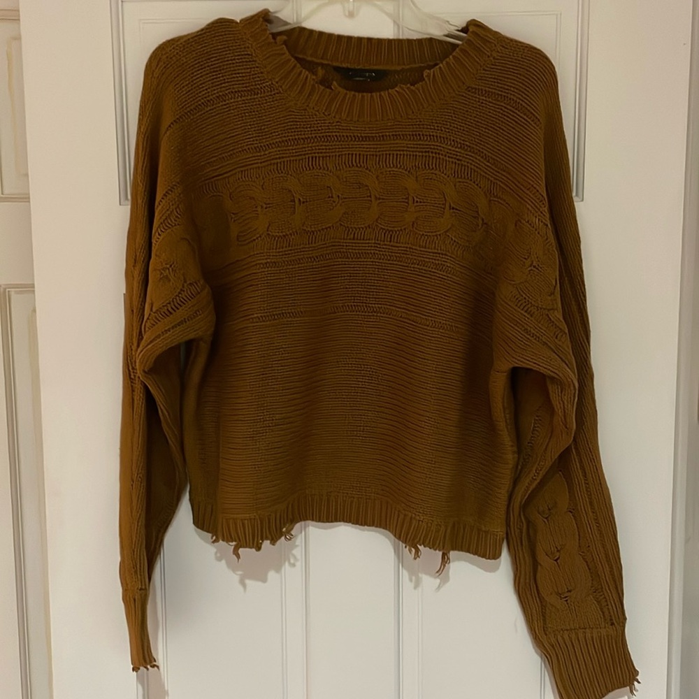 American Eagle studio brown tan distressed cropped sweater in size small
